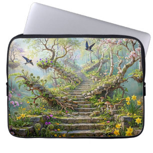 Surreal Springtime Stairway Swallows Wildflowers Laptop Sleeve