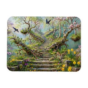 Surreal Springtime Stairway Swallows Wildflowers Magnet