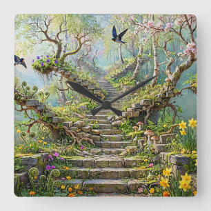 Surreal Springtime Stairway Swallows Wildflowers Square Wall Clock
