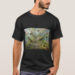 Surreal Springtime Stairway Swallows Wildflowers T-Shirt