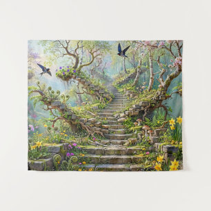 Surreal Springtime Stairway Swallows Wildflowers Tapestry