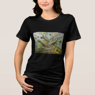 Surreal Springtime Stairway Swallows Wildflowers Tri-Blend Shirt