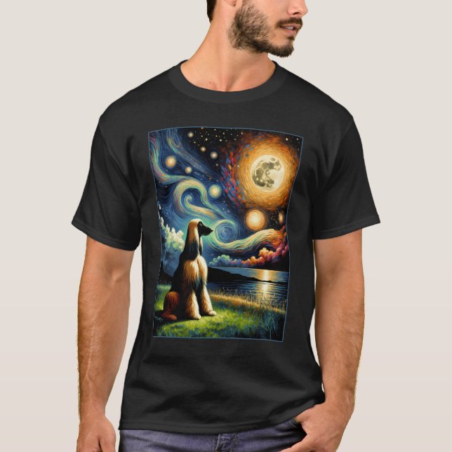Surreal Starry Night Afghan Hound Dog Lover T-Shirt (Front)
