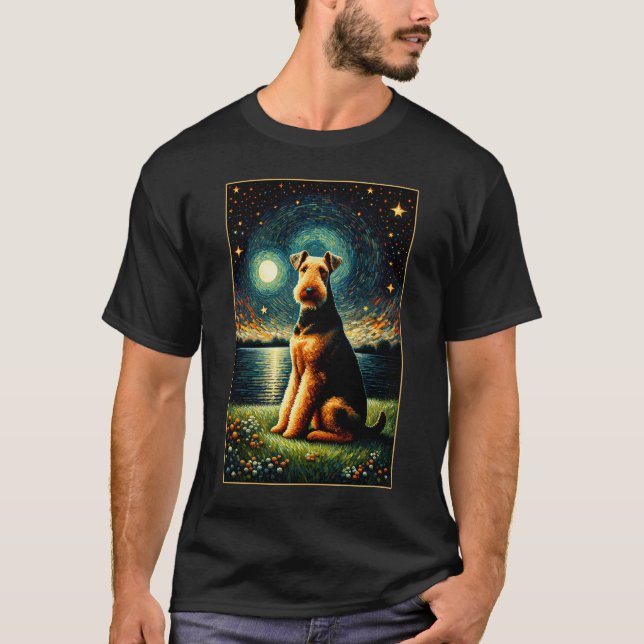 Surreal Starry Night Airedale Terrier Dog Lover T-Shirt (Front)