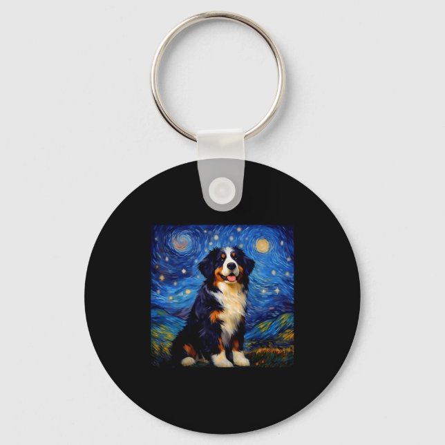 Surreal Starry Night Bernese Mountain Dog  Key Ring (Front)