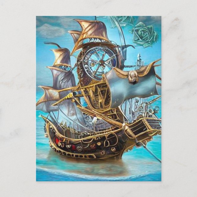 Surreal Steampunk Gold Trim Ship Postcard (Front)