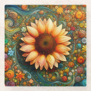 Surreal Sunflower Symphony Glass Coaster