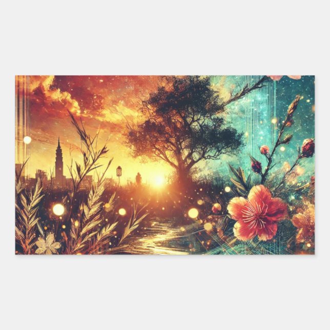 Surreal Sunset and Floral Skyline Artwork Rectangular Sticker (Front)