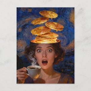 Surreal Surprised Breakfast Pancakes Coffee Woman  Postcard