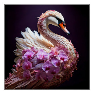 Surreal Swan with Orchids Poster