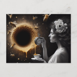 Surreal Tea Time Bees Honeycomb Black Hole Honey Postcard