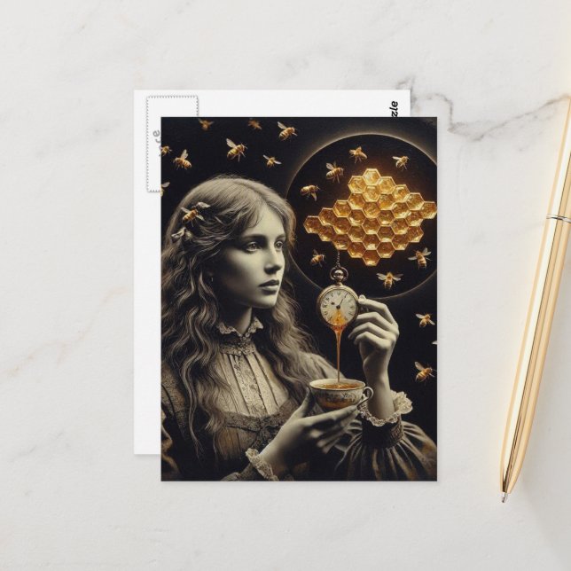 Surreal Tea Time With Bees Postcard (Front/Back In Situ)