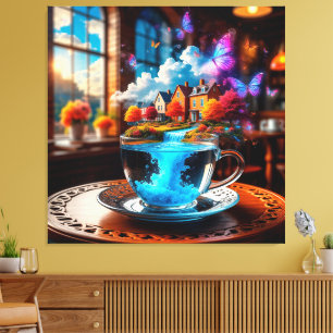 Surreal Teacup Scene with Colourful Houses Canvas Print