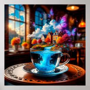 Surreal Teacup Scene with Colourful Houses Poster