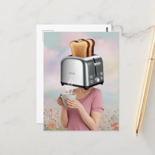 Surreal Toaster Head Breakfast Woman Holds Coffee Postcard
