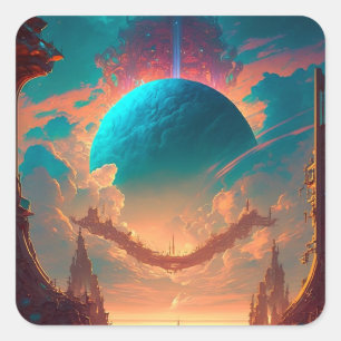Surreal Towers Planet Visionary Landscape Square Sticker