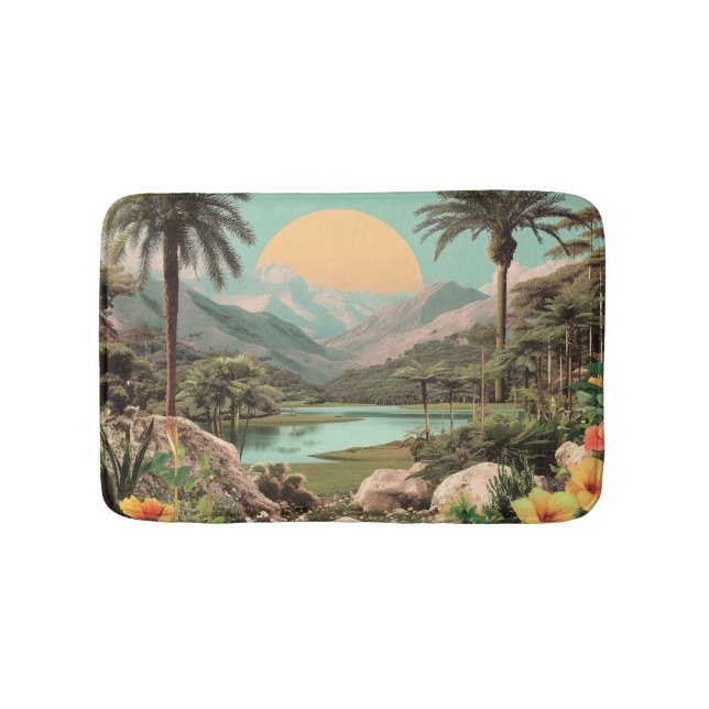 Surreal Tropical Lake With Palm Trees Bath Mat (Front)