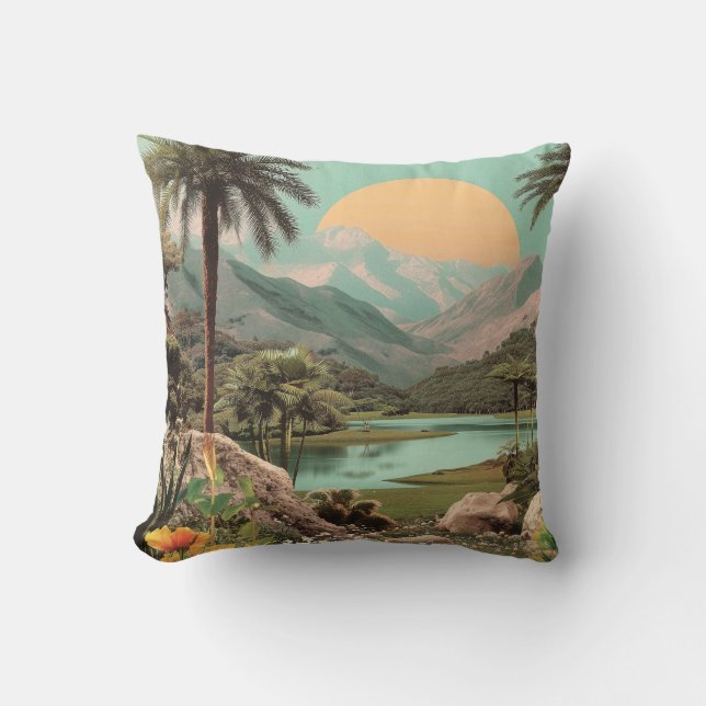 Surreal Tropical Lake With Palm Trees Cushion (Front)