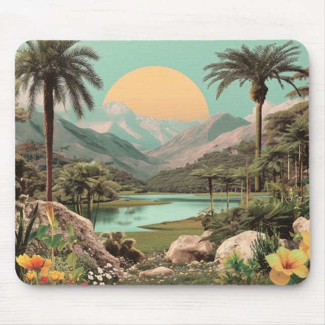 Surreal Tropical Lake With Palm Trees Mouse Mat (Front)