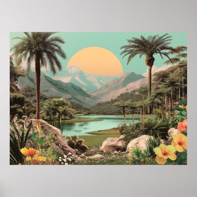 Surreal Tropical Lake With Palm Trees Poster (Front)