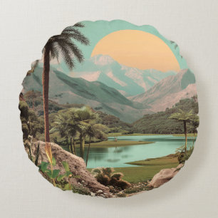 Surreal Tropical Lake With Palm Trees Round Cushion