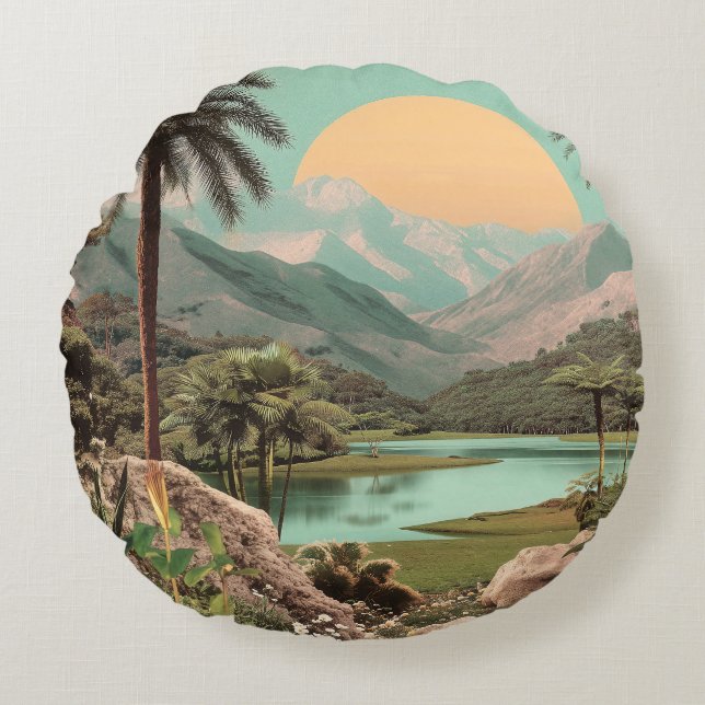 Surreal Tropical Lake With Palm Trees Round Cushion (Front)
