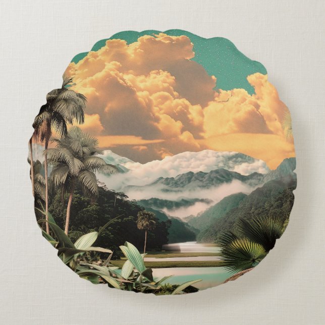 Surreal Tropical Valley With Palm Trees Round Cushion (Front)