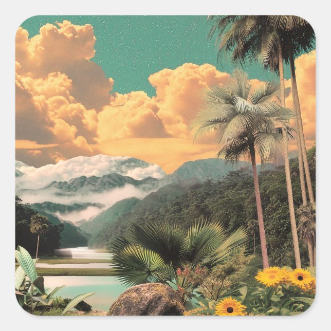Surreal Tropical Valley With Palm Trees Square Sticker (Front)