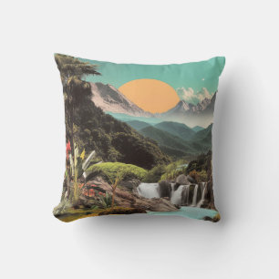 Surreal Tropical Valley With Waterfalls Cushion
