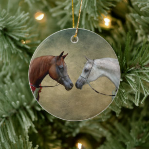 Surreal two horses painting. ceramic tree decoration