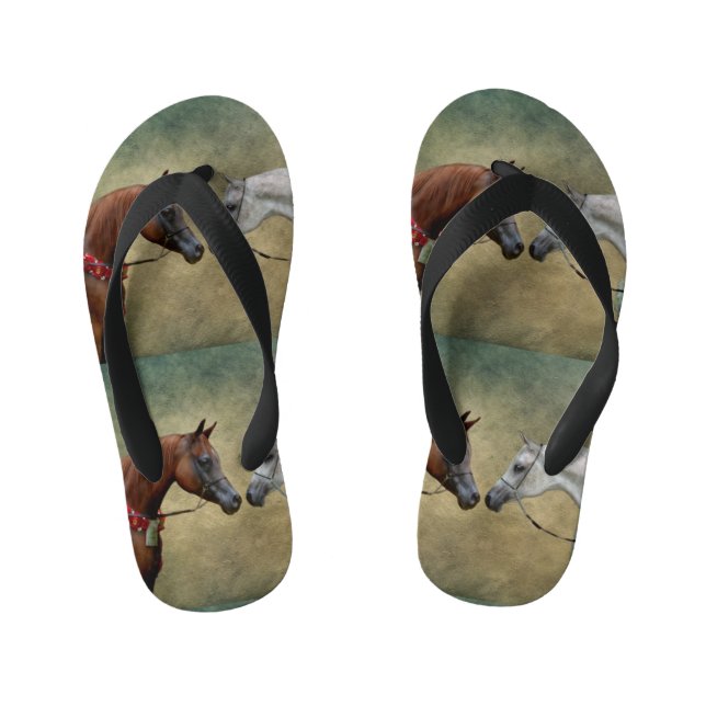 Surreal two horses painting. kid's flip flops (Footbed)
