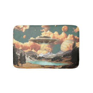 Surreal UFO Above Mountain Lake with Planets Bath Mat