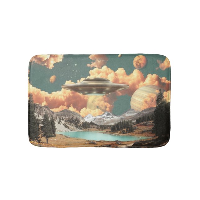 Surreal UFO Above Mountain Lake with Planets Bath Mat (Front)
