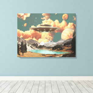 Surreal UFO Above Mountain Lake with Planets Canvas Print