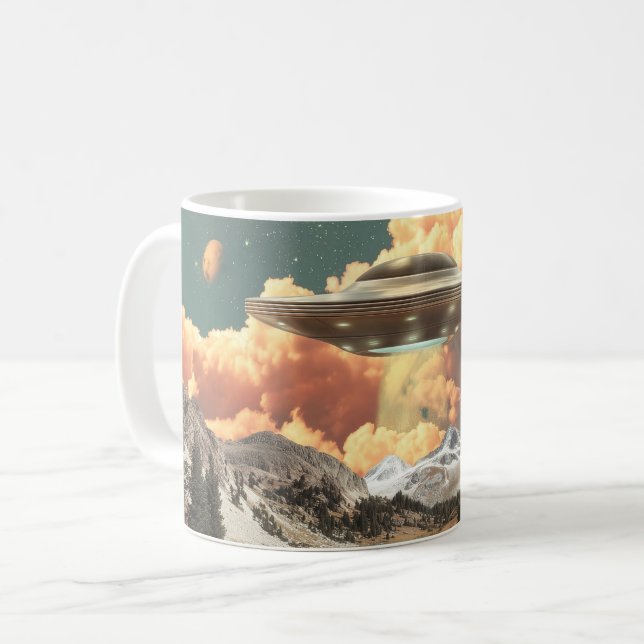 Surreal UFO Above Mountain Lake with Planets Coffee Mug (Front Left)