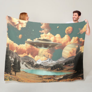 Surreal UFO Above Mountain Lake with Planets Fleece Blanket