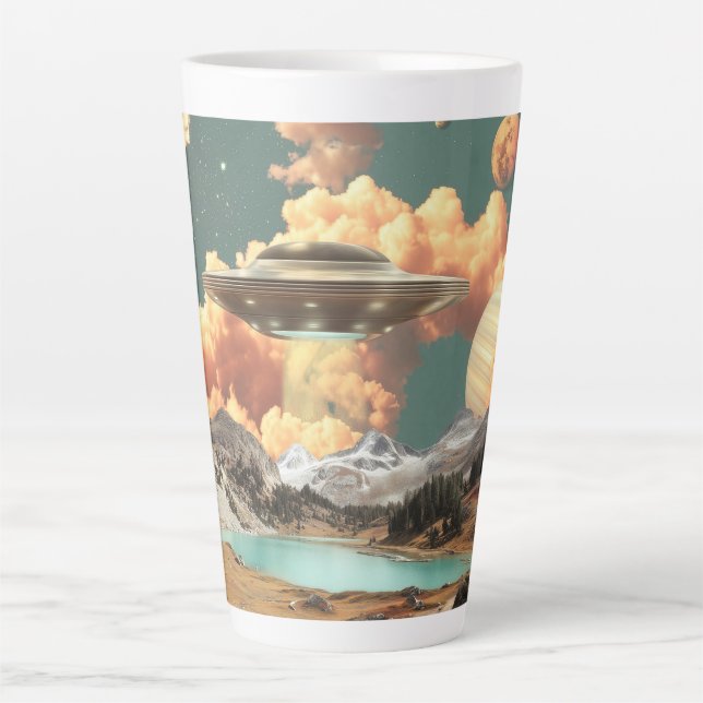 Surreal UFO Above Mountain Lake with Planets Latte Mug (Front)