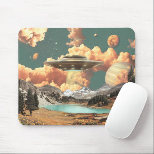 Surreal UFO Above Mountain Lake with Planets Mouse Mat