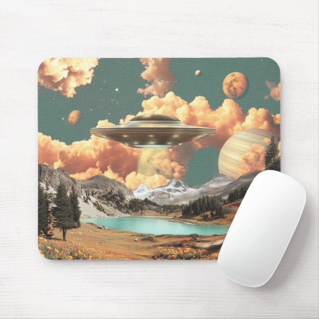 Surreal UFO Above Mountain Lake with Planets Mouse Mat (With Mouse)