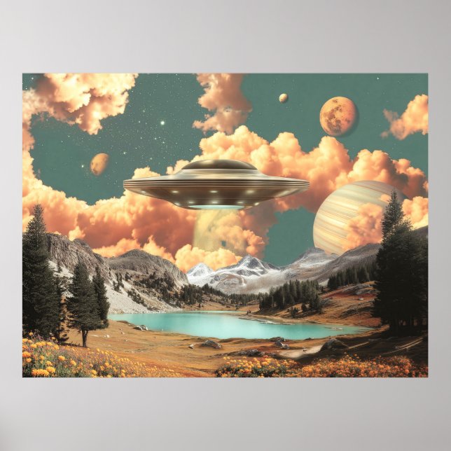 Surreal UFO Above Mountain Lake with Planets Poster (Front)