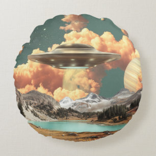 Surreal UFO Above Mountain Lake with Planets Round Cushion