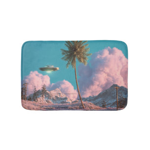 Surreal UFO and Palm Tree Mountain Scene Bath Mat
