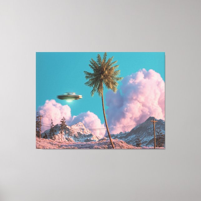 Surreal UFO and Palm Tree Mountain Scene Canvas Print (Front)