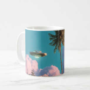 Surreal UFO and Palm Tree Mountain Scene Coffee Mug