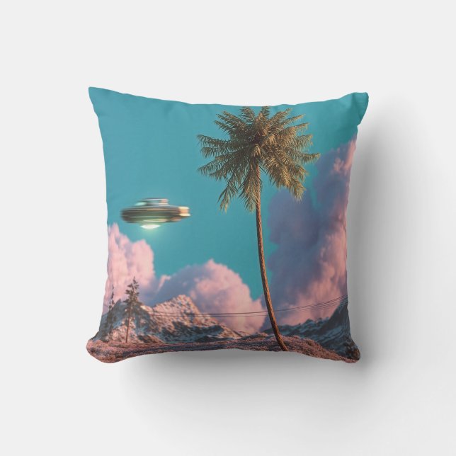 Surreal UFO and Palm Tree Mountain Scene Cushion (Front)