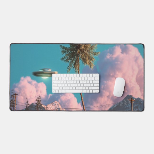 Surreal UFO and Palm Tree Mountain Scene Desk Mat (Keyboard & Mouse)