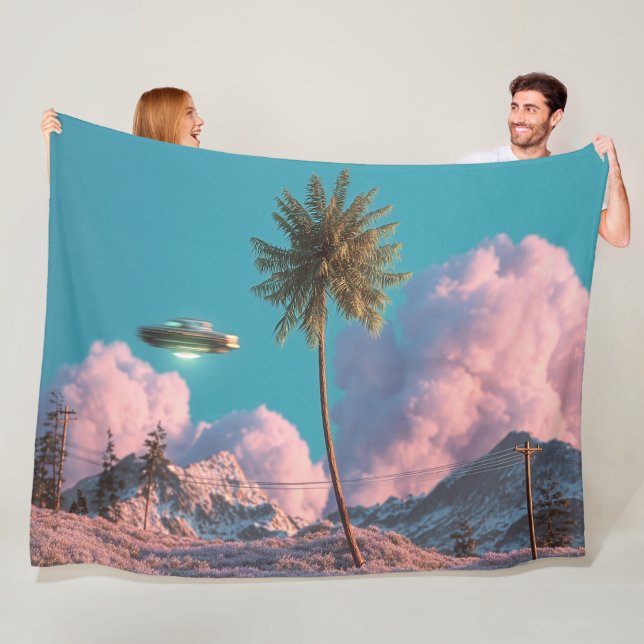 Surreal UFO and Palm Tree Mountain Scene Fleece Blanket (In Situ)
