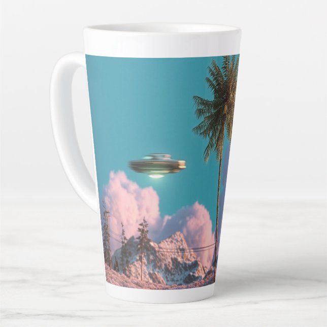 Surreal UFO and Palm Tree Mountain Scene Latte Mug (Left Angle)