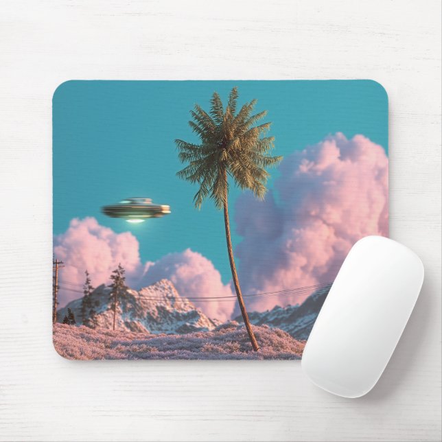 Surreal UFO and Palm Tree Mountain Scene Mouse Mat (With Mouse)