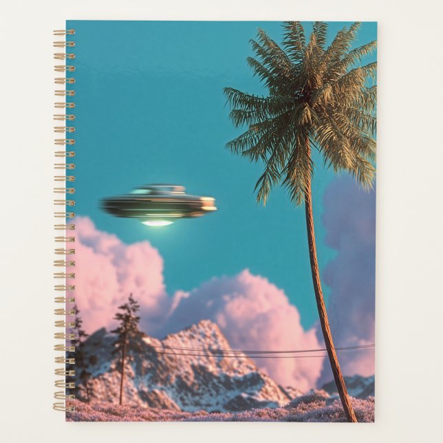 Surreal UFO and Palm Tree Mountain Scene Planner (Front)